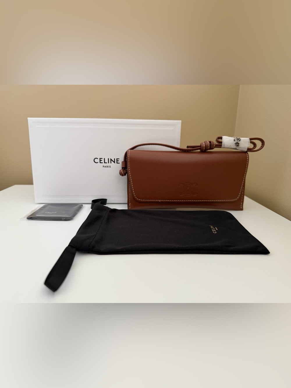 NEW CELINE Authentic Brown Sunglasses Eyeglasses Wristlet Case w/Pouch,Cloth&Box